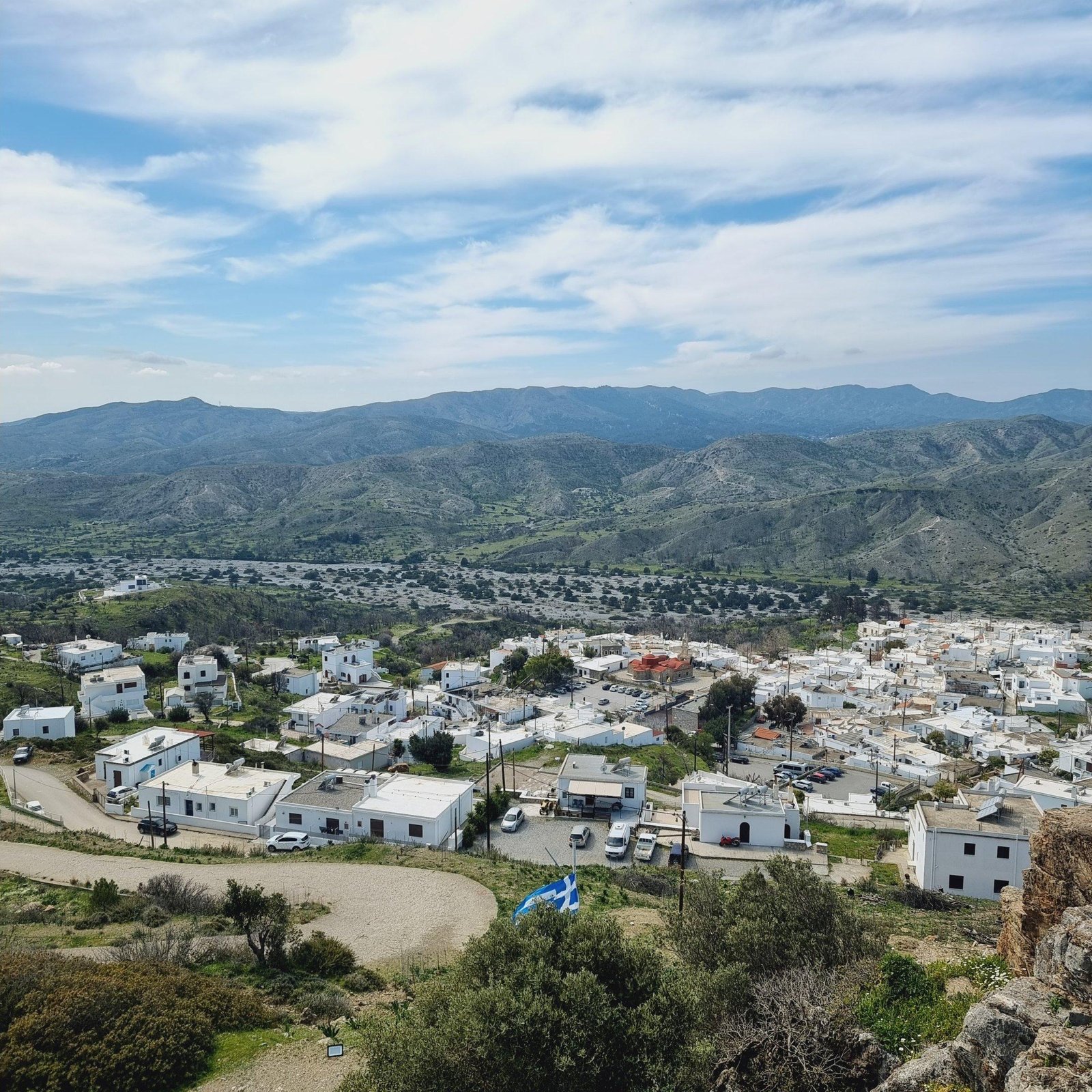 Traditional white village in the hills of inland Rhodes, photographed by Looneytravels.