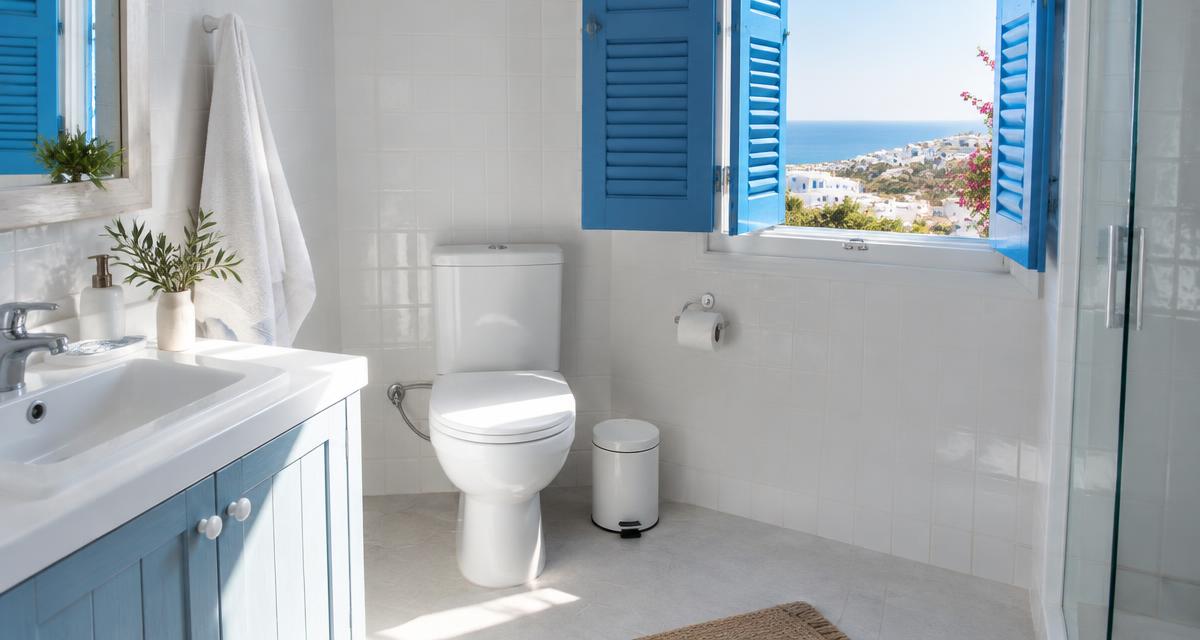 Bright Greek island holiday bathroom with a small lidded bin beside the toilet