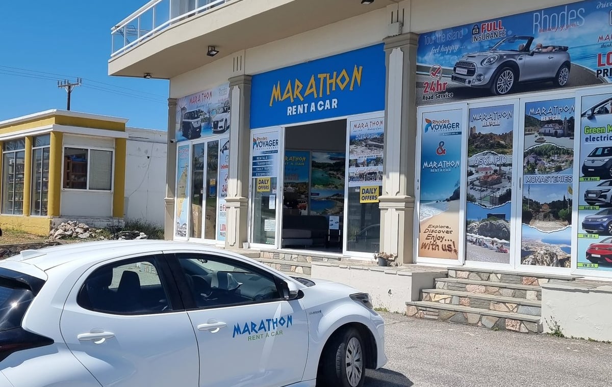 Marathon Rent a Car office in Kiotari, Rhodes, photographed by Looneytravels.
