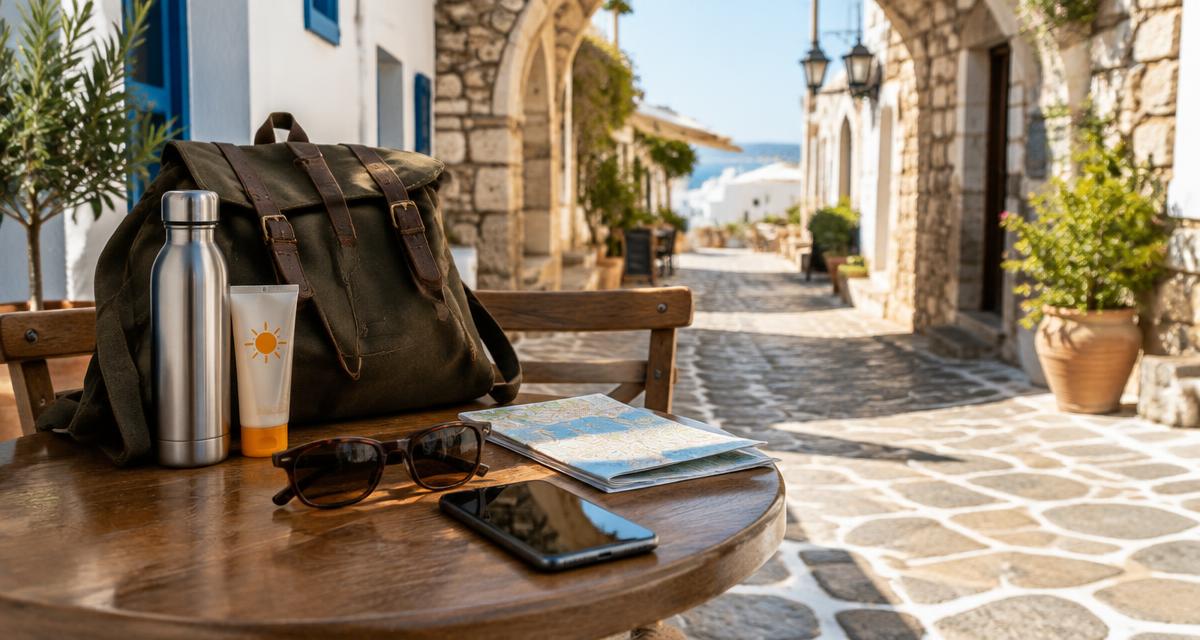 Day bag, water bottle, sun cream and map on a café table in a sunny Greek island old town lane